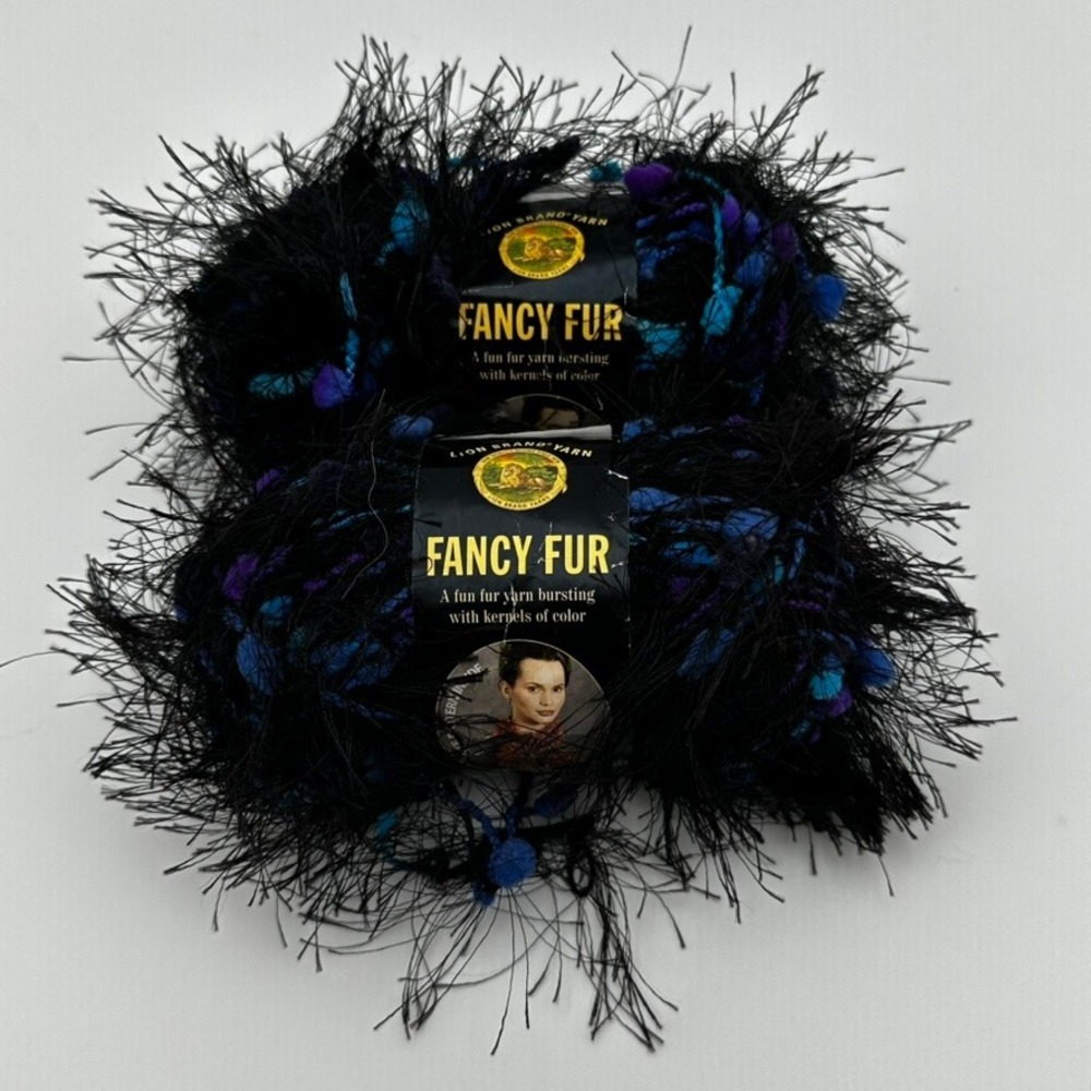 Lion Brand Fancy Fur Yarn Stained Glass 254 Black Blue Purple Lot of 2 Skeins